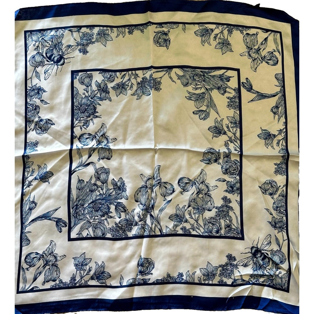 Women's Navy Blue Floral Satin Scarf Square Toile Botanical Bee Print Headscarf